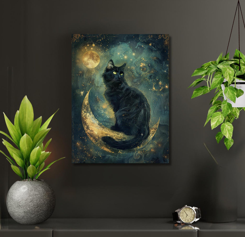 Black Cat on Crescent Moon Teal Art Print Mystical Celestial Dark Academia Wall Decor