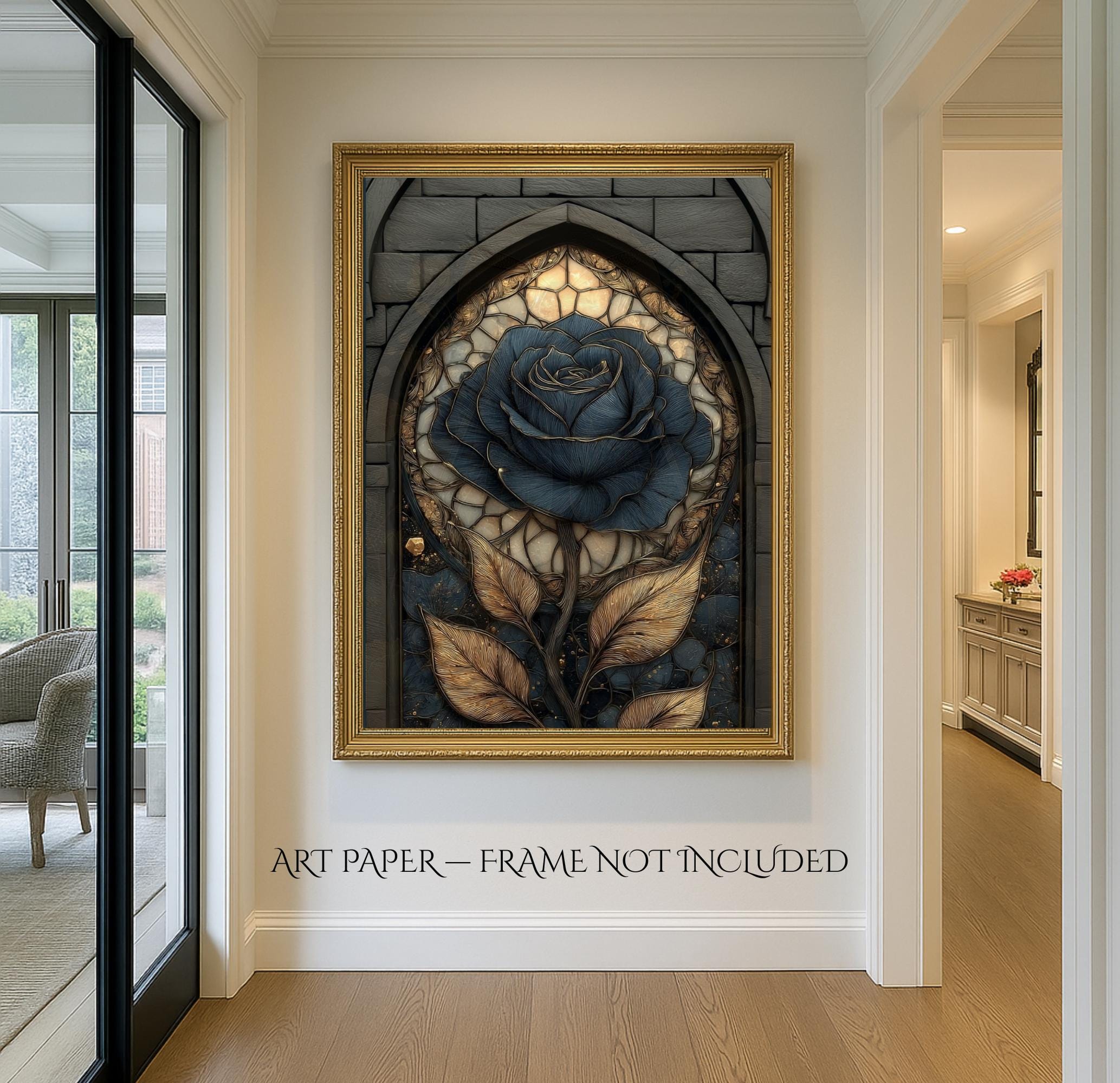 Stained Glass Black Rose Print, Gothic Floral Botanical Art, Dark Moody Wall Decor Secondary image