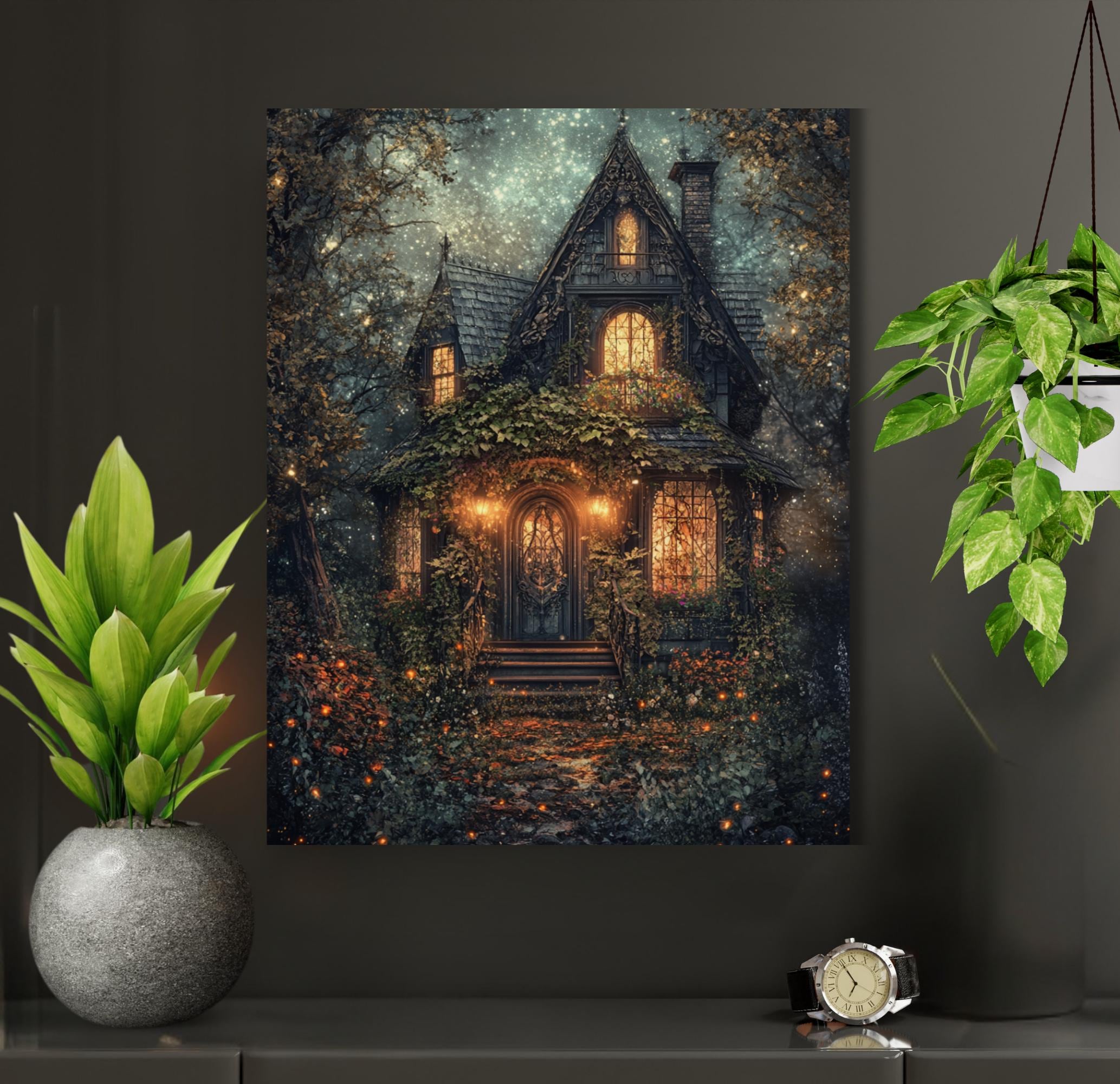 Enchanted Fairy Tale Stone Cottage Art Print Romantic Victorian Forest House Golden Lamplight Painting Secondary image