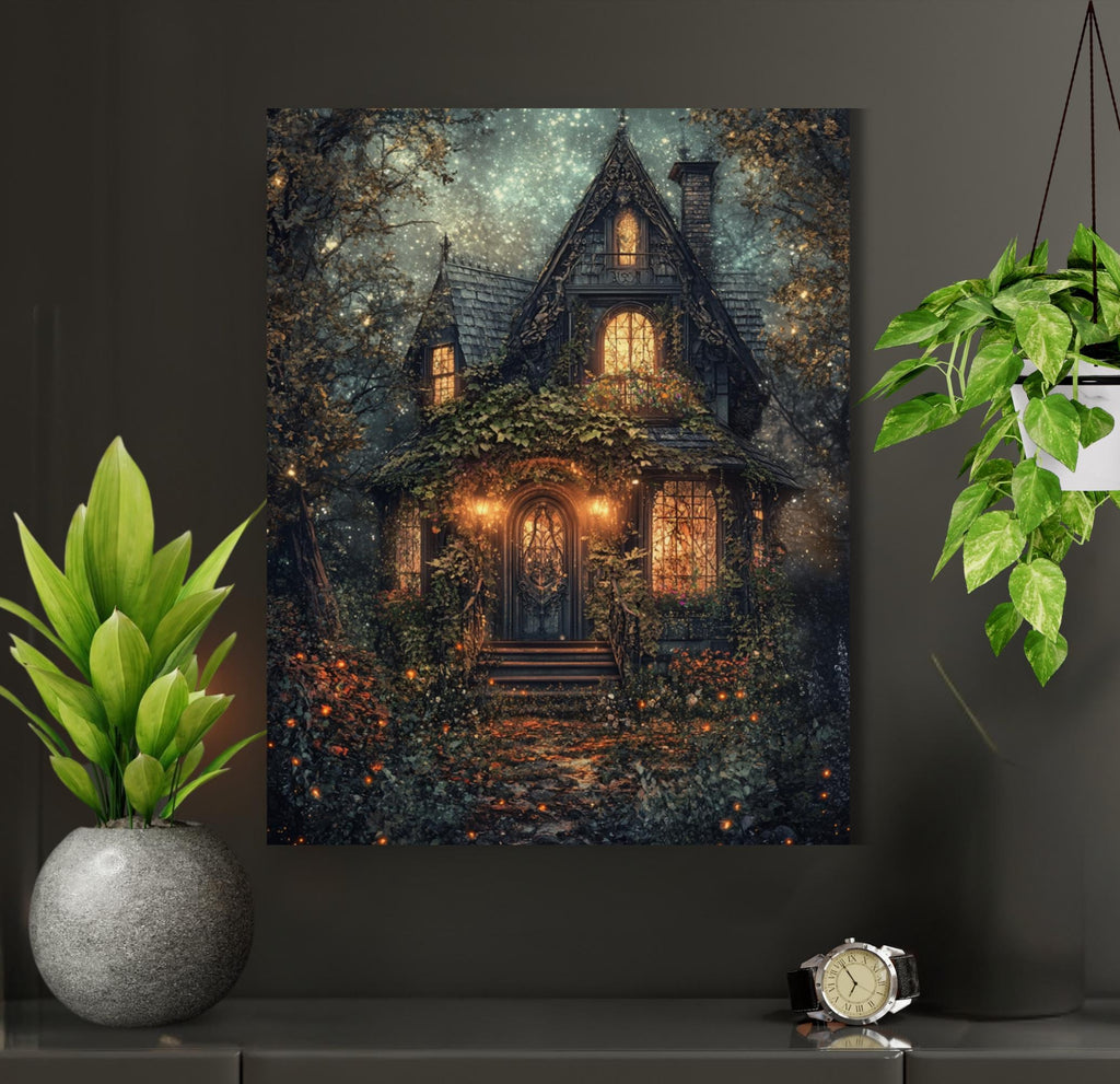 Enchanted Fairy Tale Stone Cottage Art Print Romantic Victorian Forest House Golden Lamplight Painting