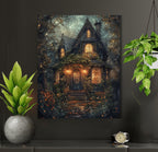 Enchanted Fairy Tale Stone Cottage Art Print Romantic Victorian Forest House Golden Lamplight Painting