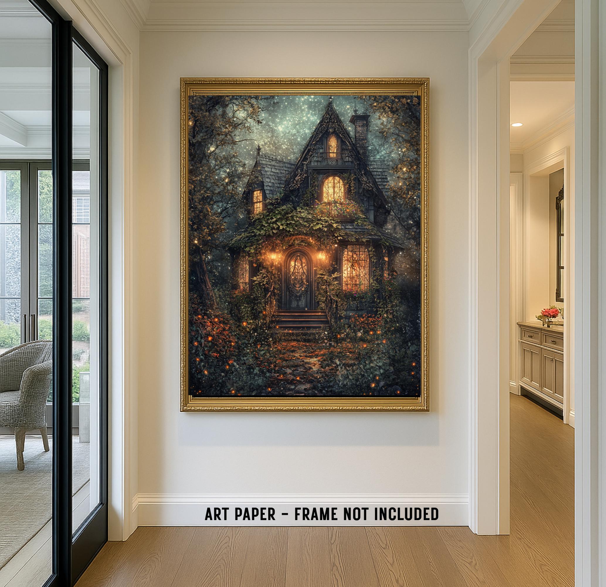 Enchanted Fairy Tale Stone Cottage Art Print Romantic Victorian Forest House Golden Lamplight Painting