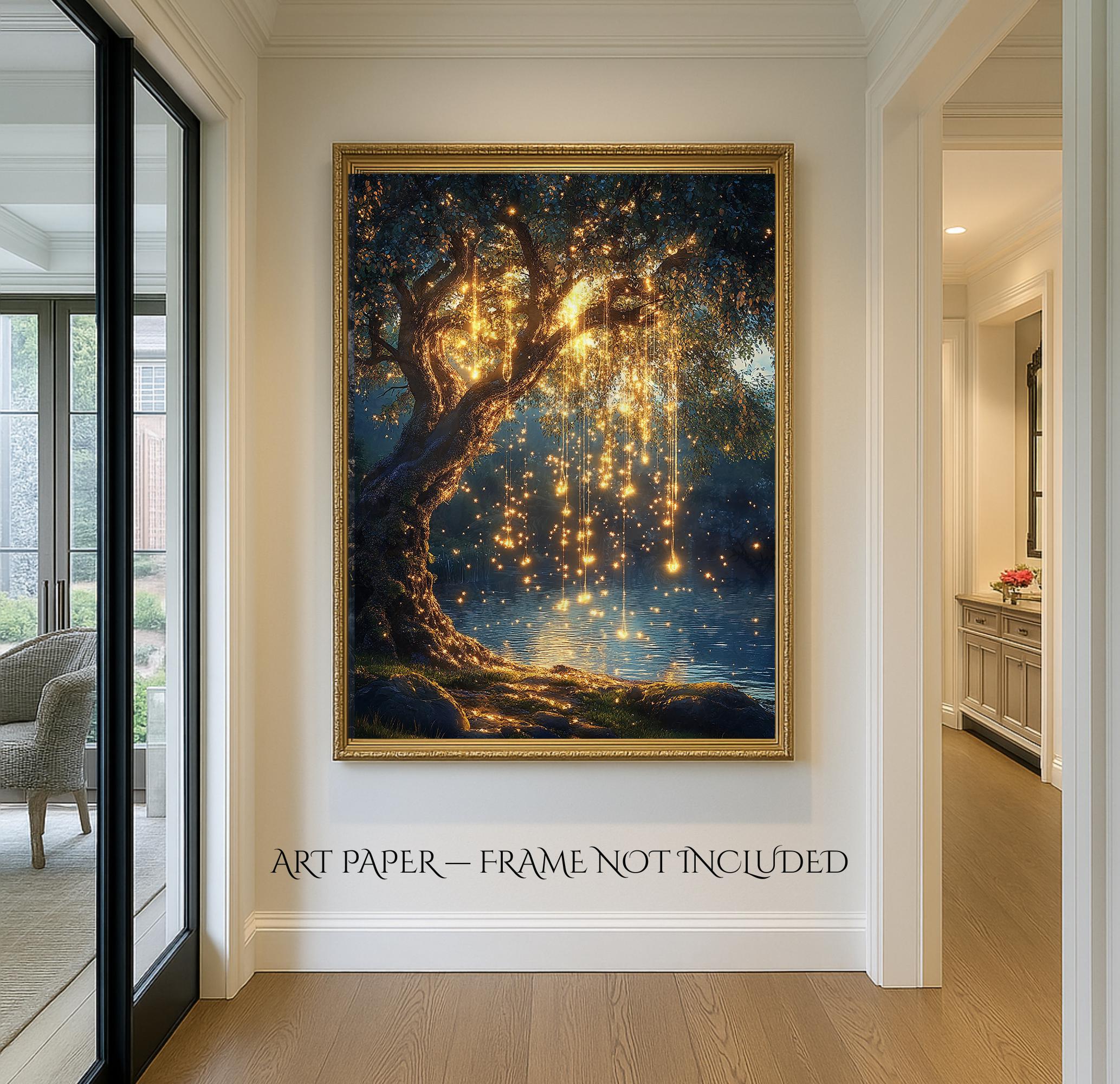 Willow Tree with Fairy Lights Print, Moonlit Lake Wall Art, Enchanted Dark Academia Painting