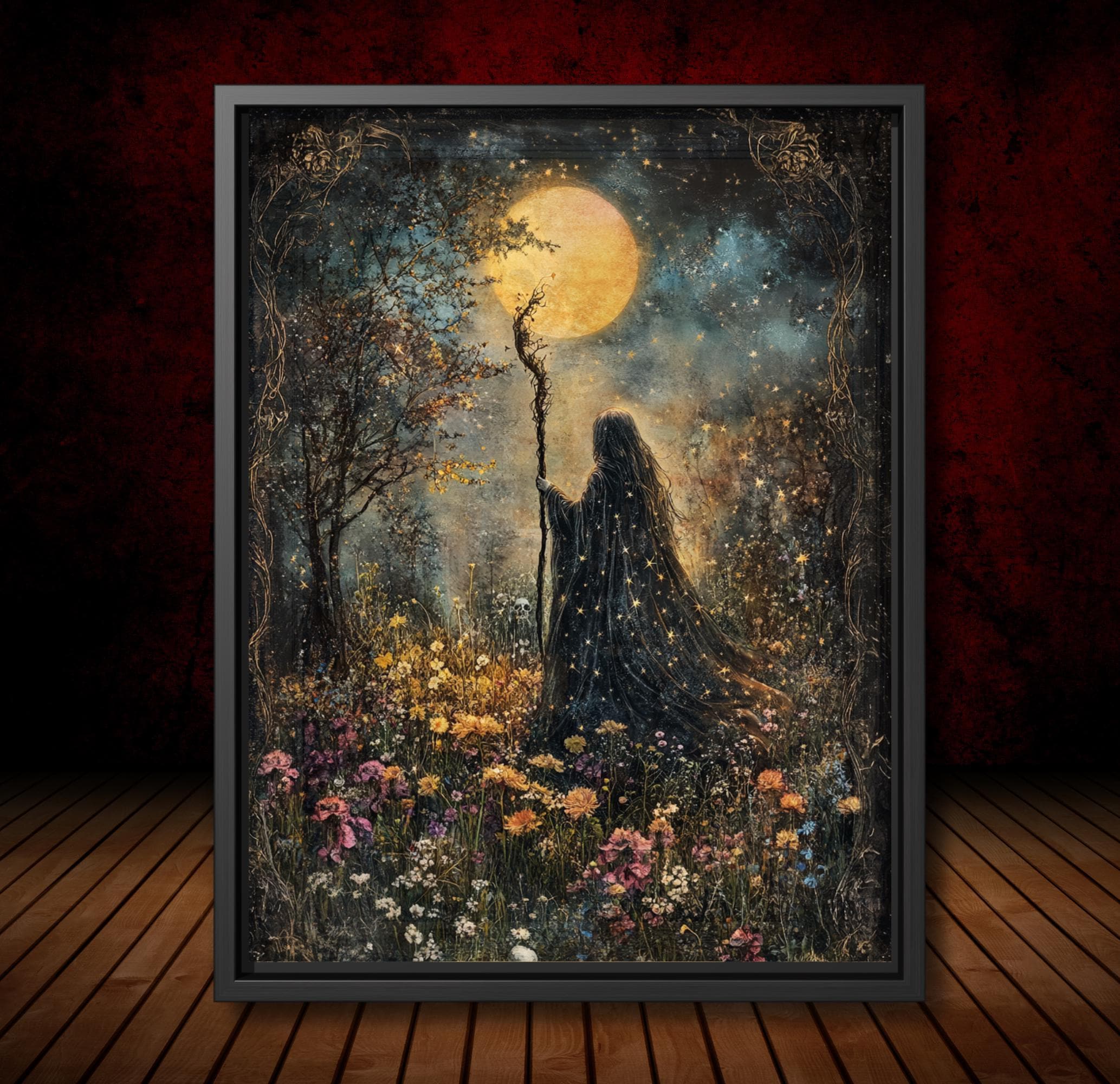 Witches Coven Art Print, Floral Moonlight White Witch Painting, Mystical Cottagecore Decor Main image