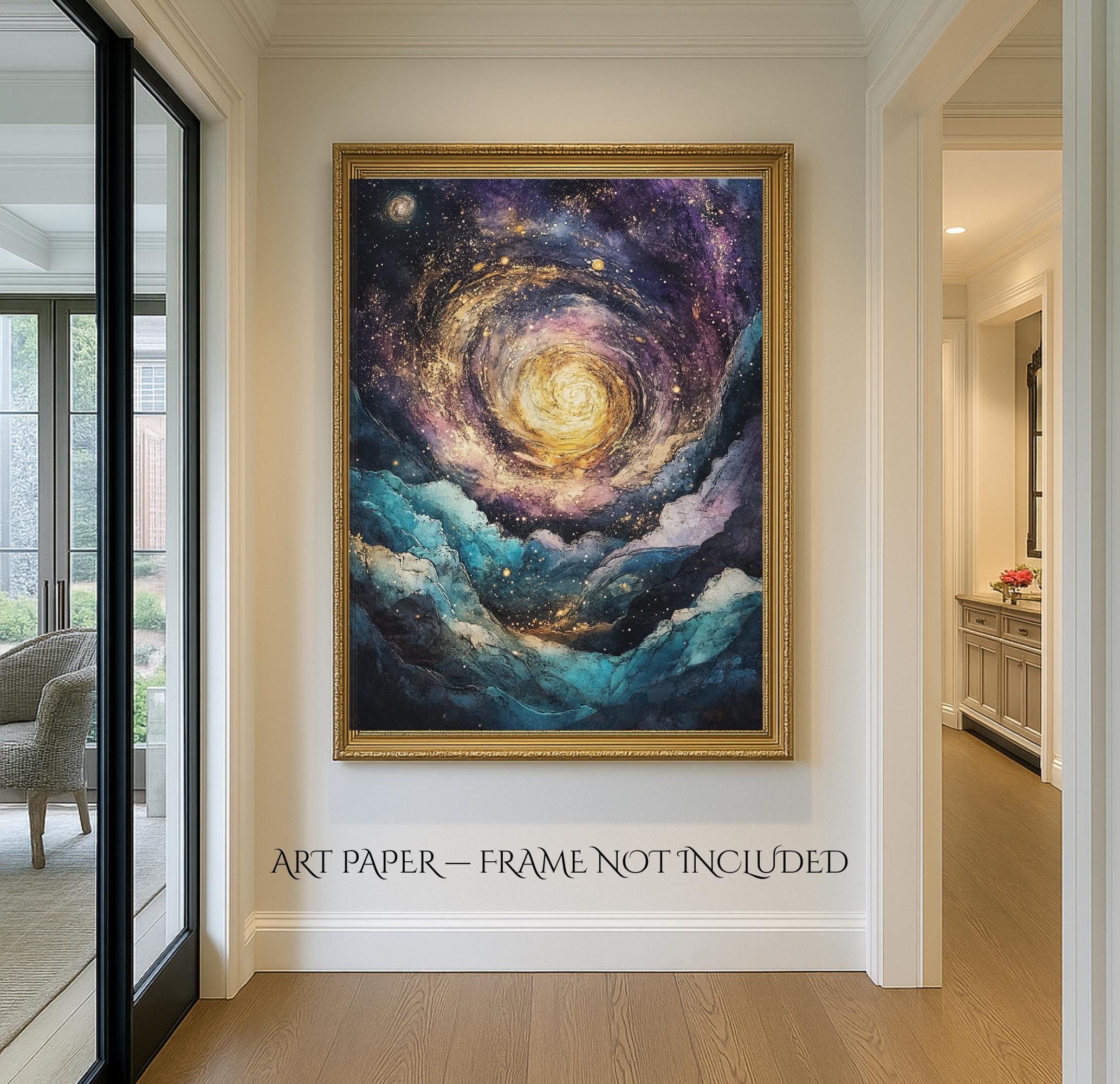 Celestial Galaxy Canvas Print, Sun, Moons, Stars Cosmic Wall Art Painting