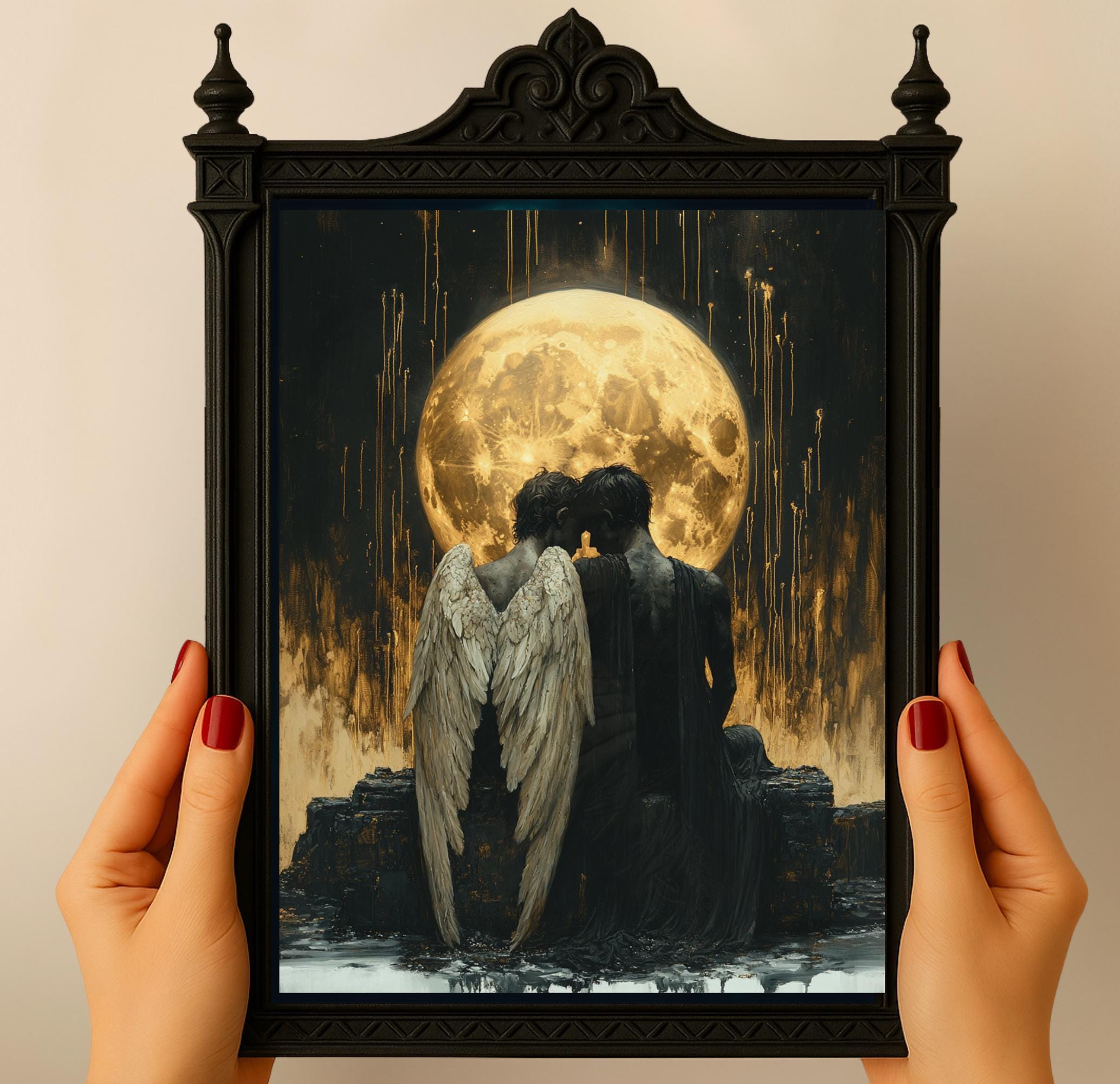Fallen Angel Wall Art Print Gothic Golden Moon Dark Fantasy Romantic Angels Bereavement Decor