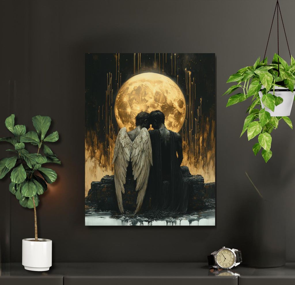 Fallen Angel Wall Art Print Gothic Golden Moon Dark Fantasy Romantic Angels Bereavement Decor