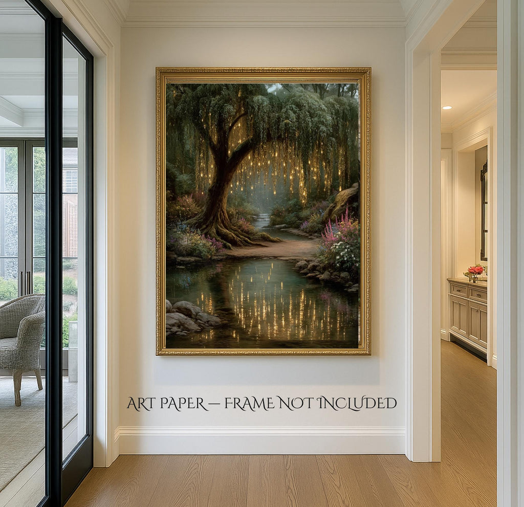 Enchanted Willow Tree Wall Art Print, Magical Forest Path Artwork, Fairy Light Woodland Decor