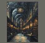 Gothic Cathedral Library Art Print, Christian Church Nave Architecture, Golden Lights