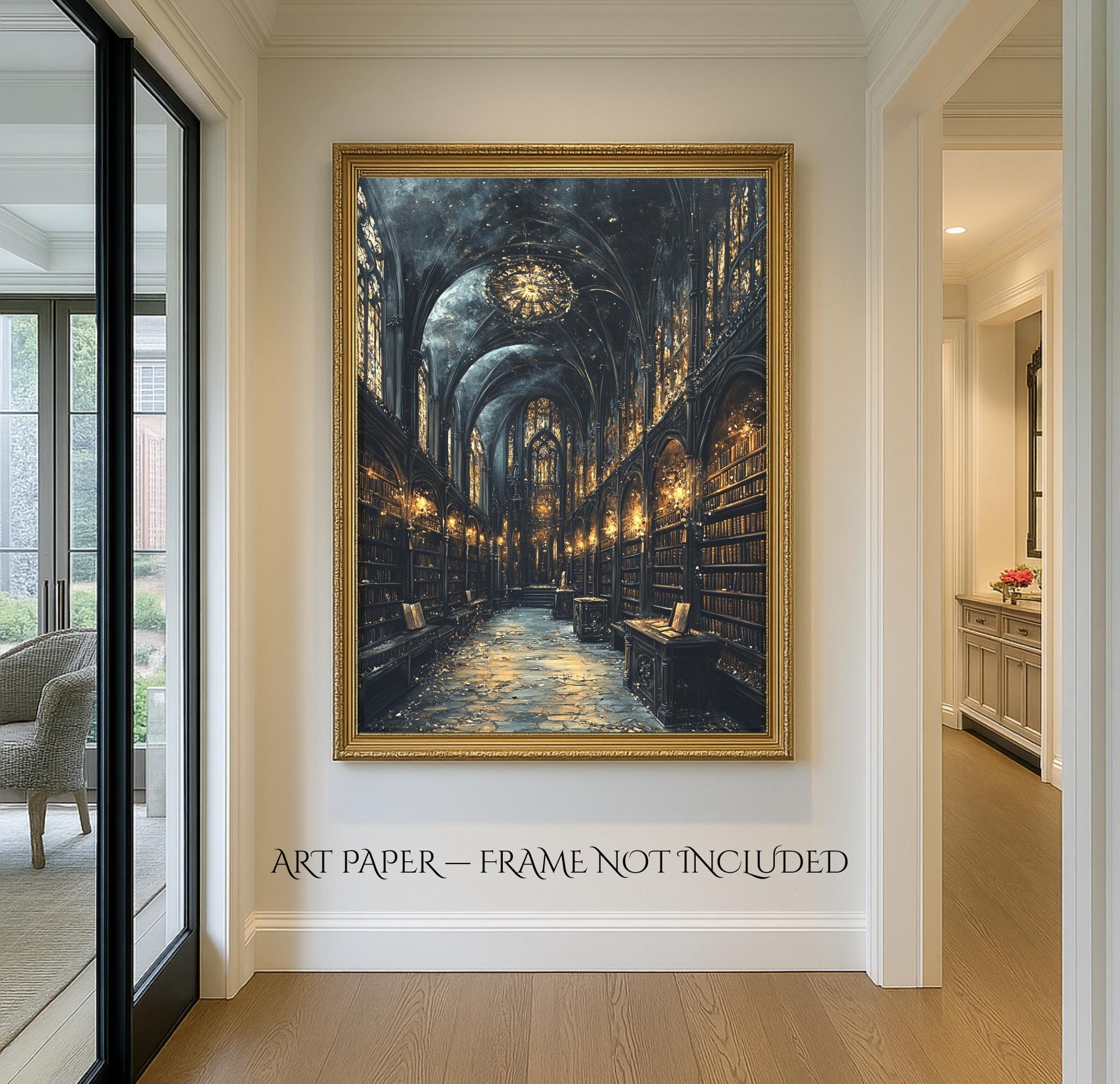 Gothic Cathedral Library Art Print, Christian Church Nave Architecture, Golden Lights