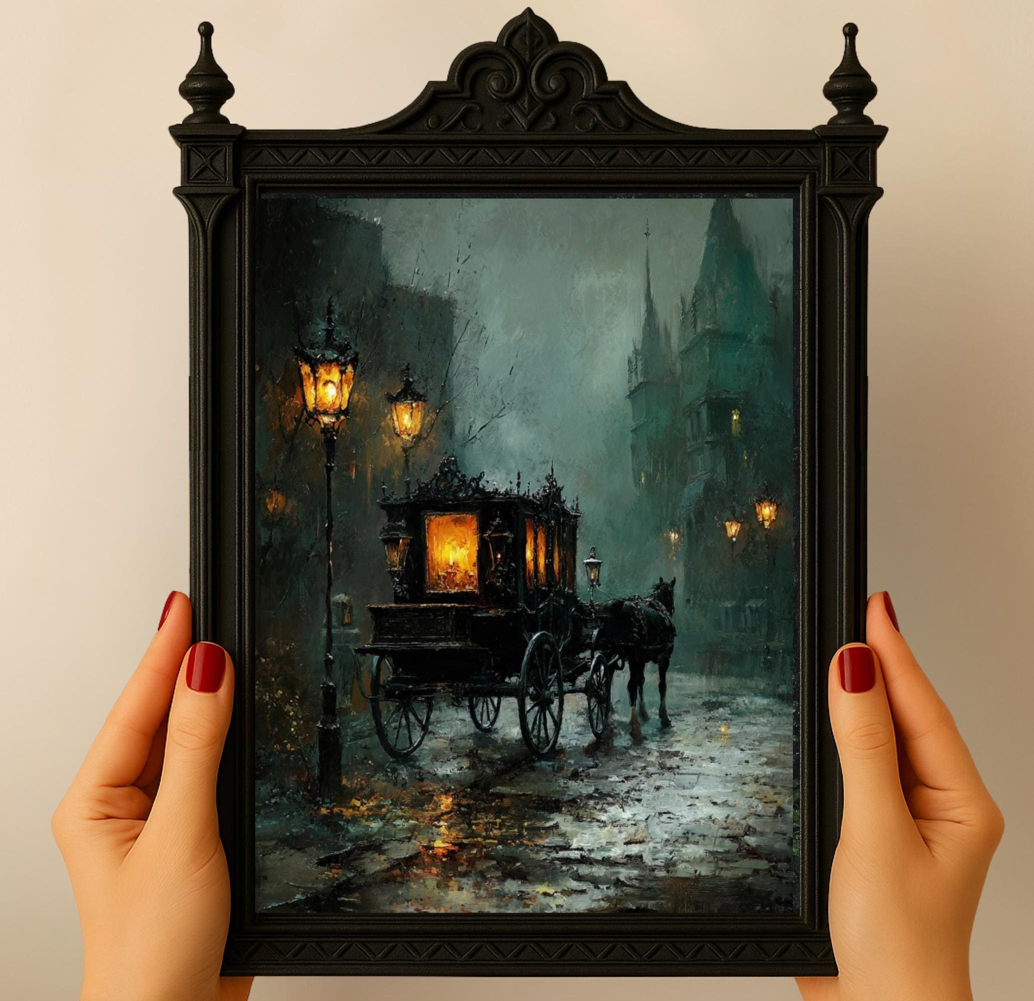 Victorian Carriage Wall Art Print, Lantern Lit Hearse Night Street Painting Dark Moody Decor