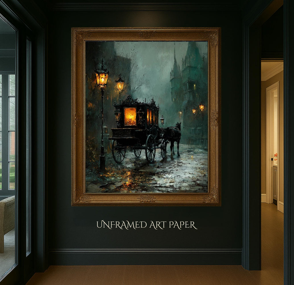 Victorian Carriage Wall Art Print, Lantern Lit Hearse Night Street Painting Dark Moody Decor