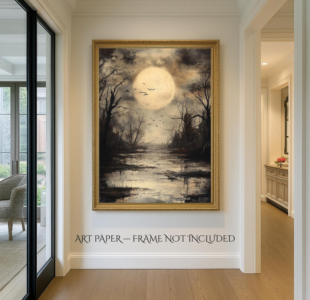 Moonlit Swamp Full Moon Wall Art Print, Gothic Trees Landscape Artwork, Dark Academia Decor