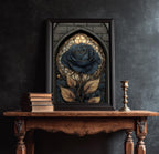 Stained Glass Black Rose Print, Gothic Floral Botanical Art, Dark Moody Wall Decor