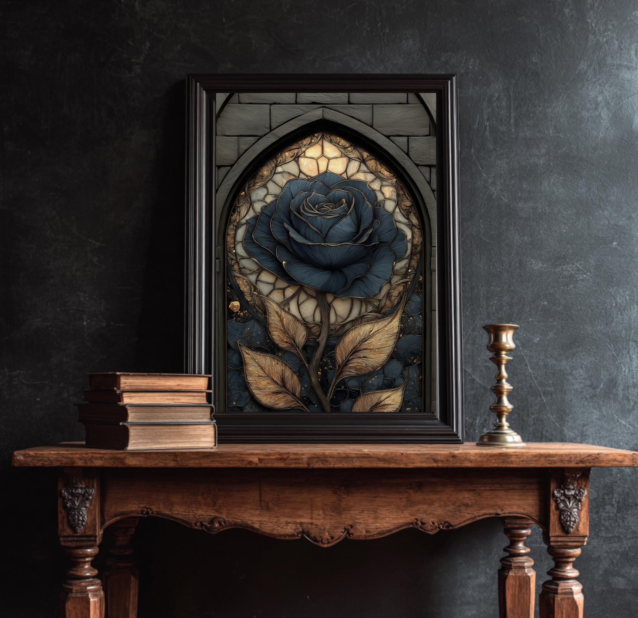 Stained Glass Black Rose Print, Gothic Floral Botanical Art, Dark Moody Wall Decor