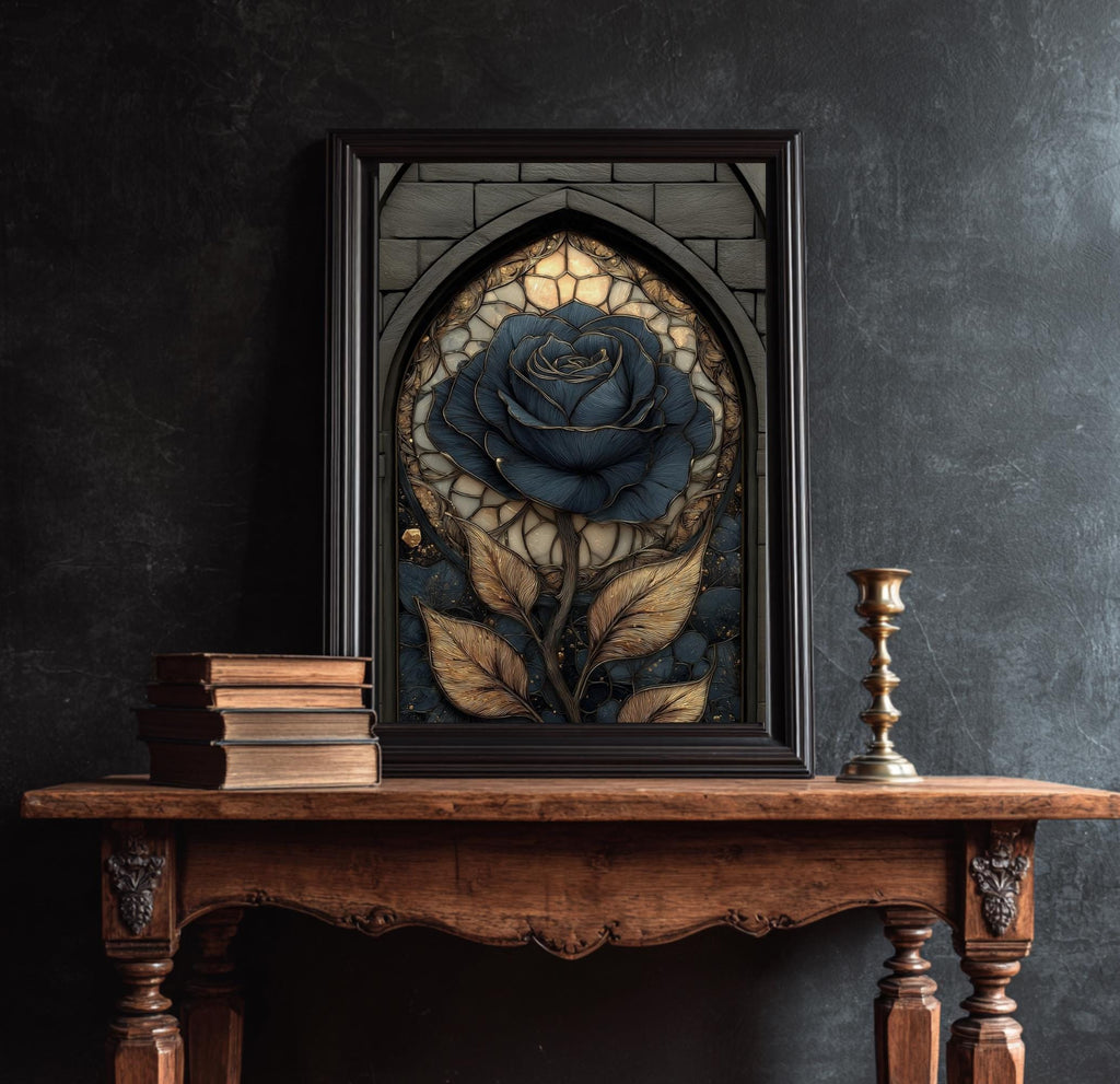 Stained Glass Black Rose Print, Gothic Floral Botanical Art, Dark Moody Wall Decor