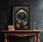 Stained Glass Black Rose Print, Gothic Floral Botanical Art, Dark Moody Wall Decor