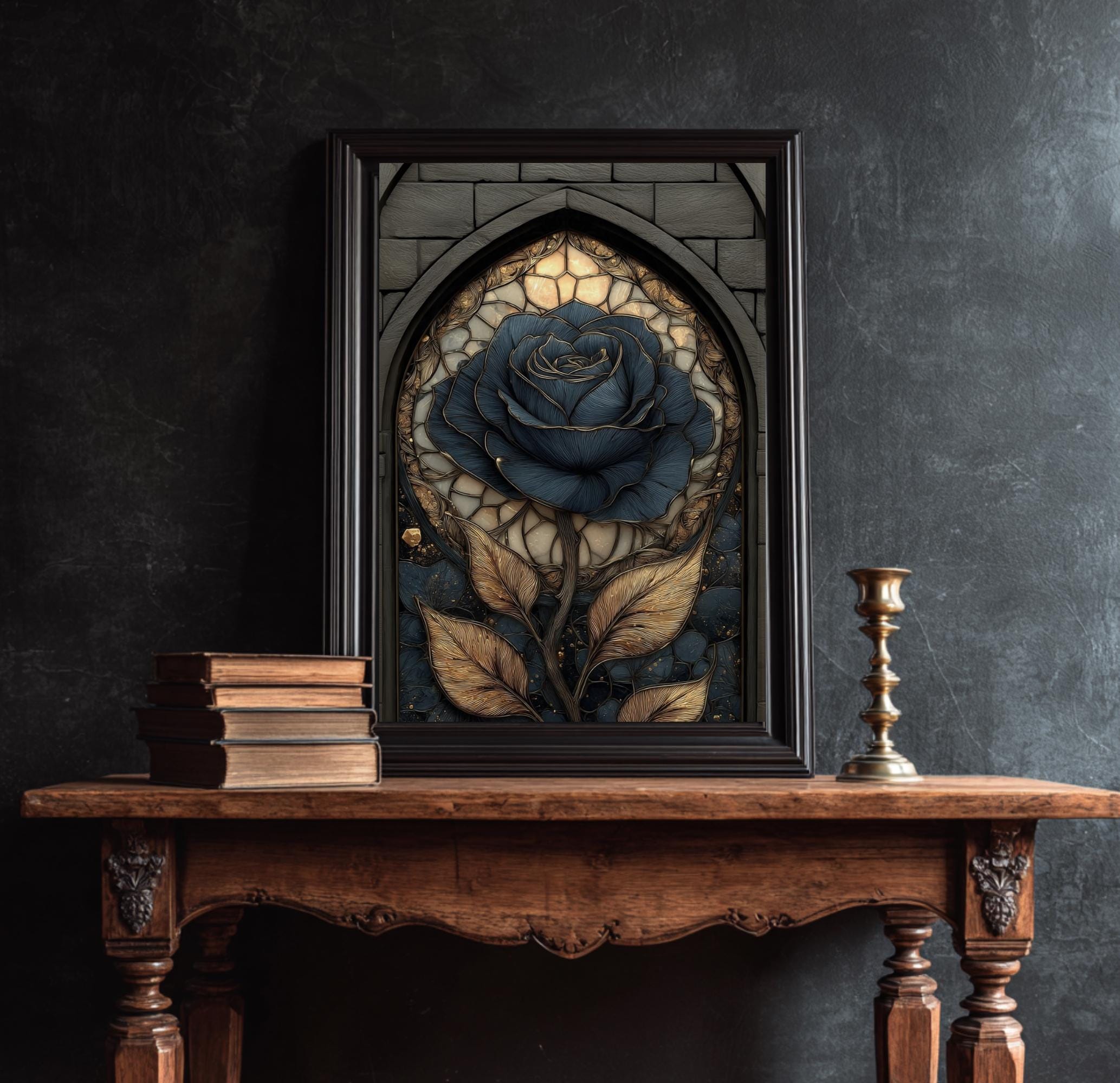 Stained Glass Black Rose Print, Gothic Floral Botanical Art, Dark Moody Wall Decor