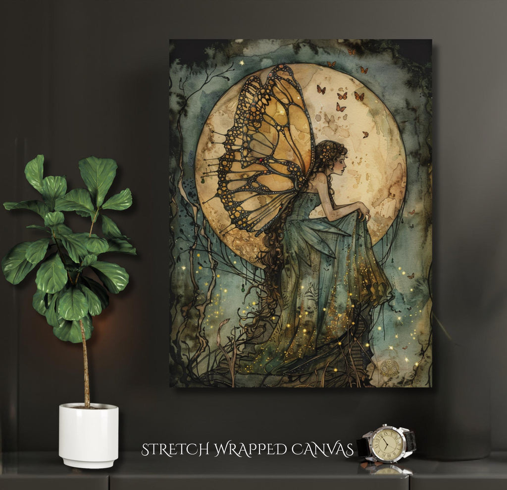 Green Dress Fairy Wall Art Moonlit Fantasy Print Gold Butterflies Dark Academia Fae Decor