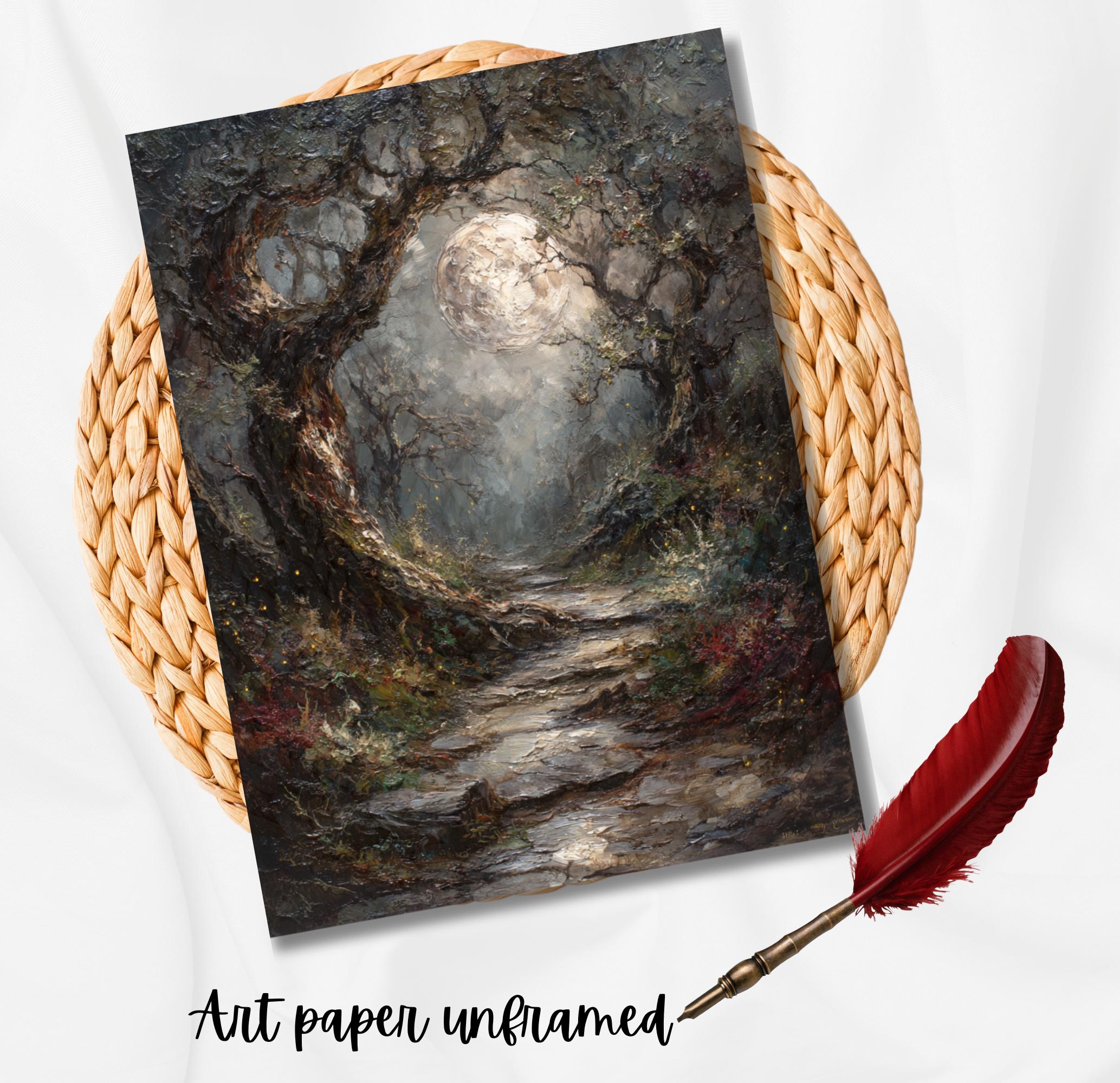 Moonlit Forest Print: Gothic Fantasy Enchanted Pathway, Fireflies Wall Art
