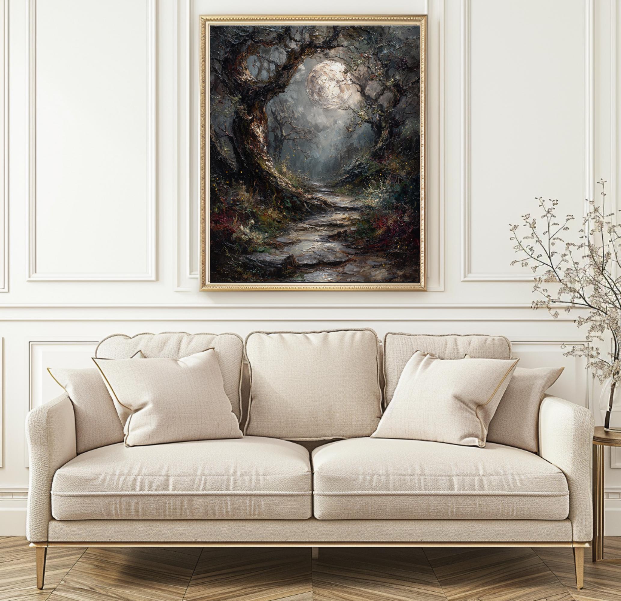 Moonlit Forest Print: Gothic Fantasy Enchanted Pathway, Fireflies Wall Art