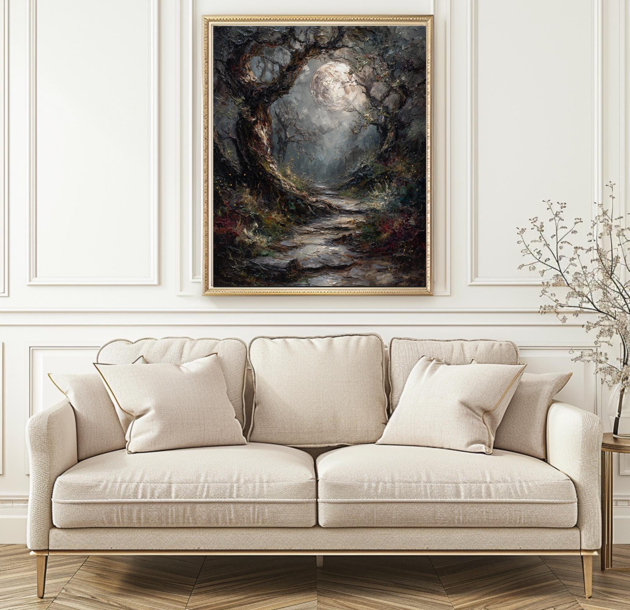 Moonlit Forest Print: Gothic Fantasy Enchanted Pathway, Fireflies Wall Art