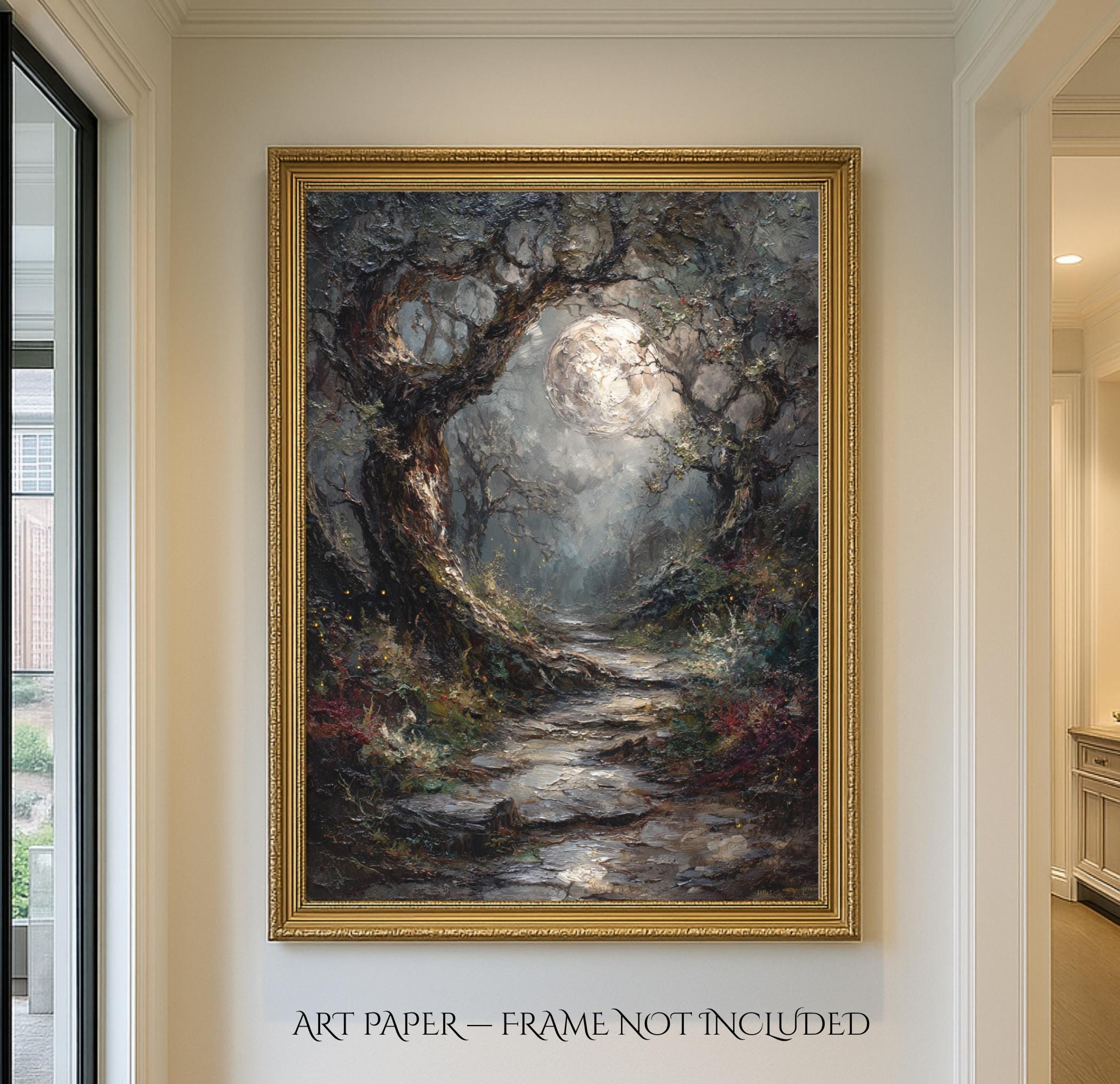 Moonlit Forest Print: Gothic Fantasy Enchanted Pathway, Fireflies Wall Art