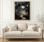 Haunted Forest Full Moon Print, Moonlit Woodland Path Wall Art, Moody Enchanted Woods Painting
