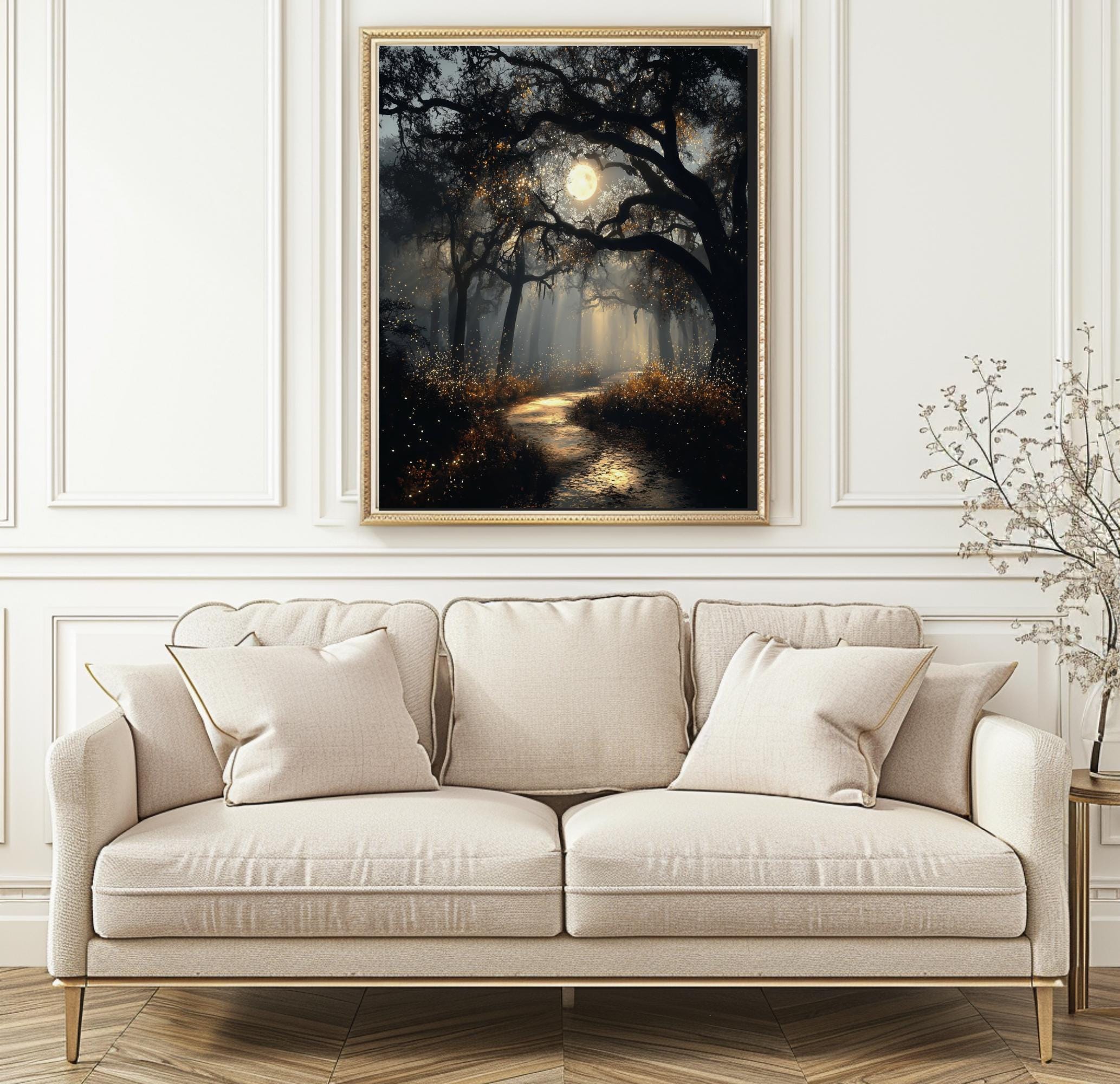 Haunted Forest Full Moon Print, Moonlit Woodland Path Wall Art, Moody Enchanted Woods Painting