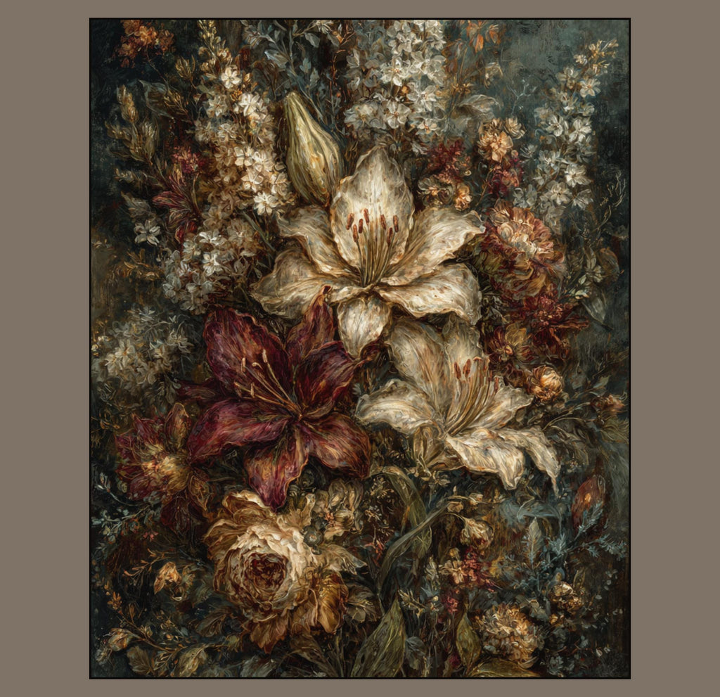 Dark Floral Lily Print Botanical Wall Art Flower Still Life Painting