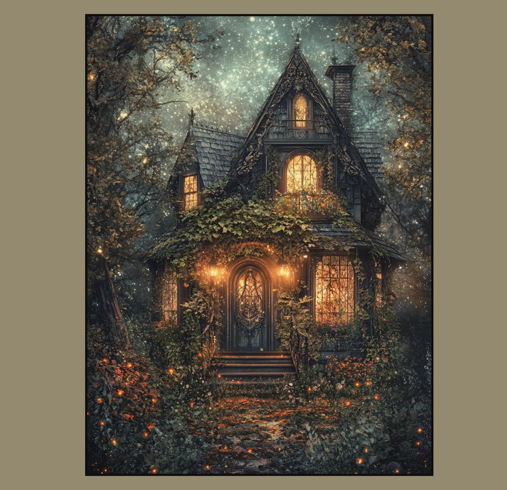 Enchanted Fairy Tale Stone Cottage Art Print Romantic Victorian Forest House Golden Lamplight Painting