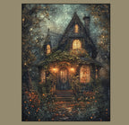 Enchanted Fairy Tale Stone Cottage Art Print Romantic Victorian Forest House Golden Lamplight Painting