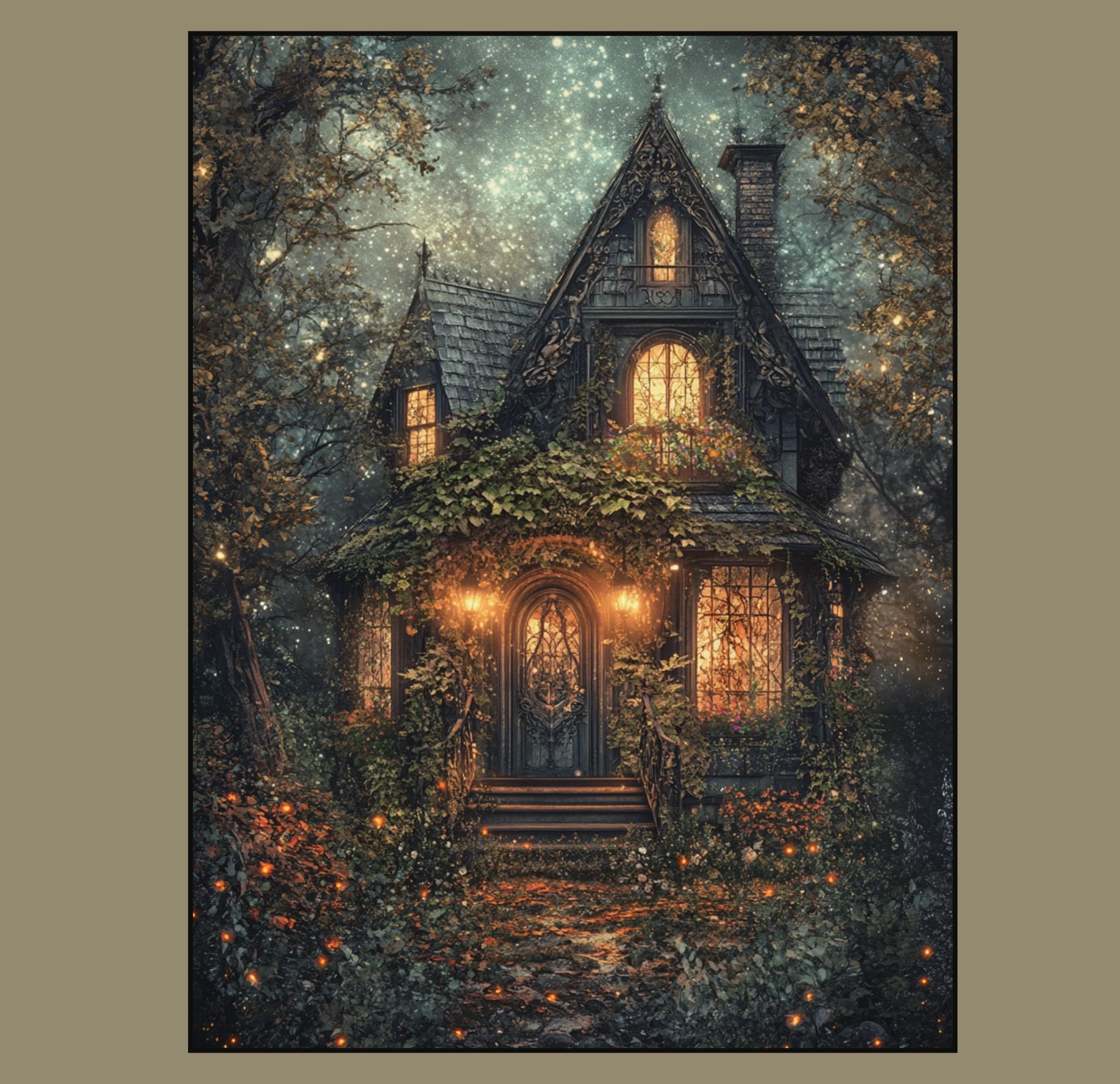 Enchanted Fairy Tale Stone Cottage Art Print Romantic Victorian Forest House Golden Lamplight Painting