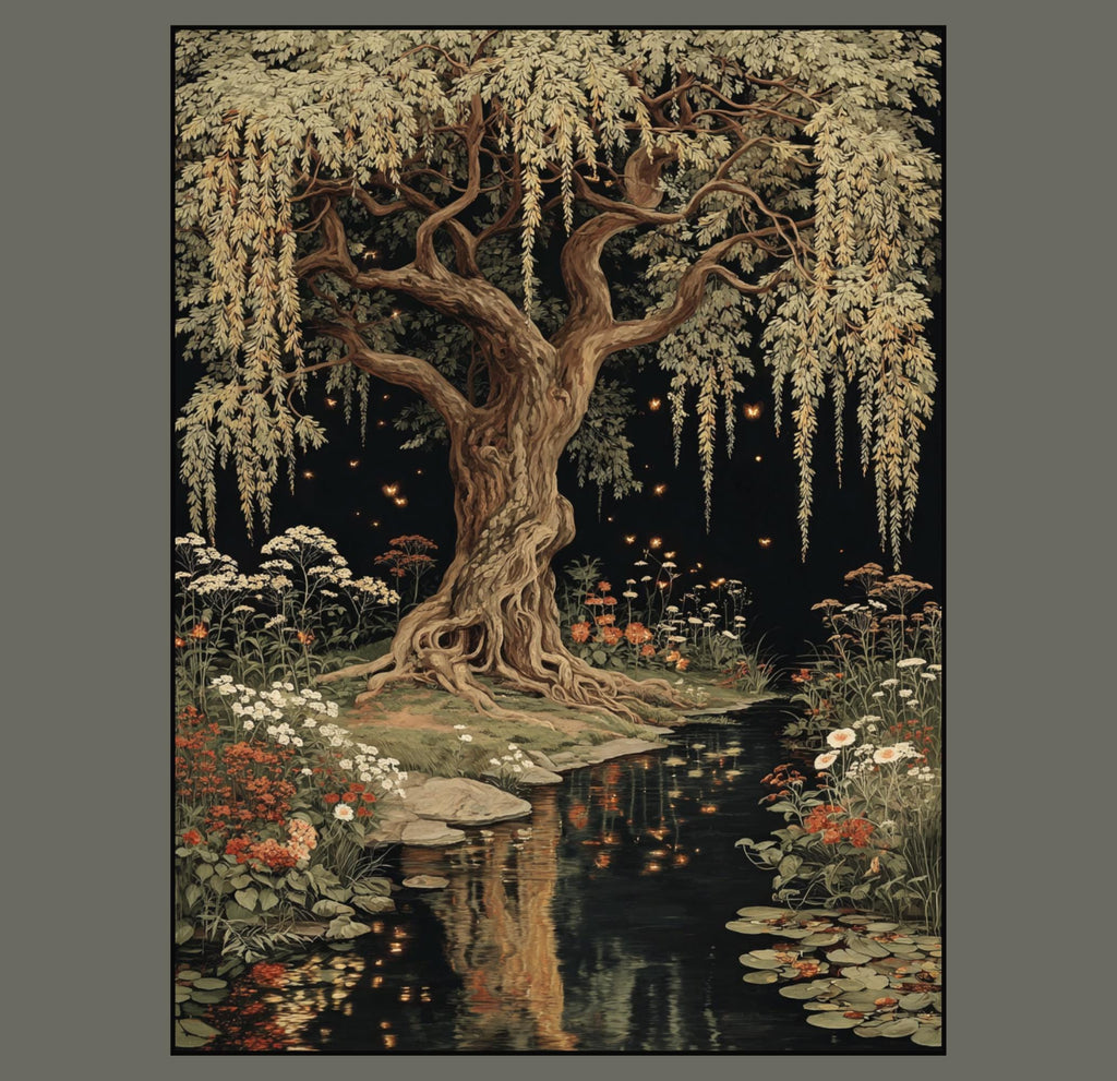 Moonlit Willow Tree Print, Dark Academia Romantic Forest Art, William Morris Inspired Nature Decor
