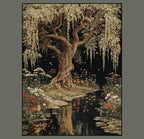 Moonlit Willow Tree Print, Dark Academia Romantic Forest Art, William Morris Inspired Nature Decor