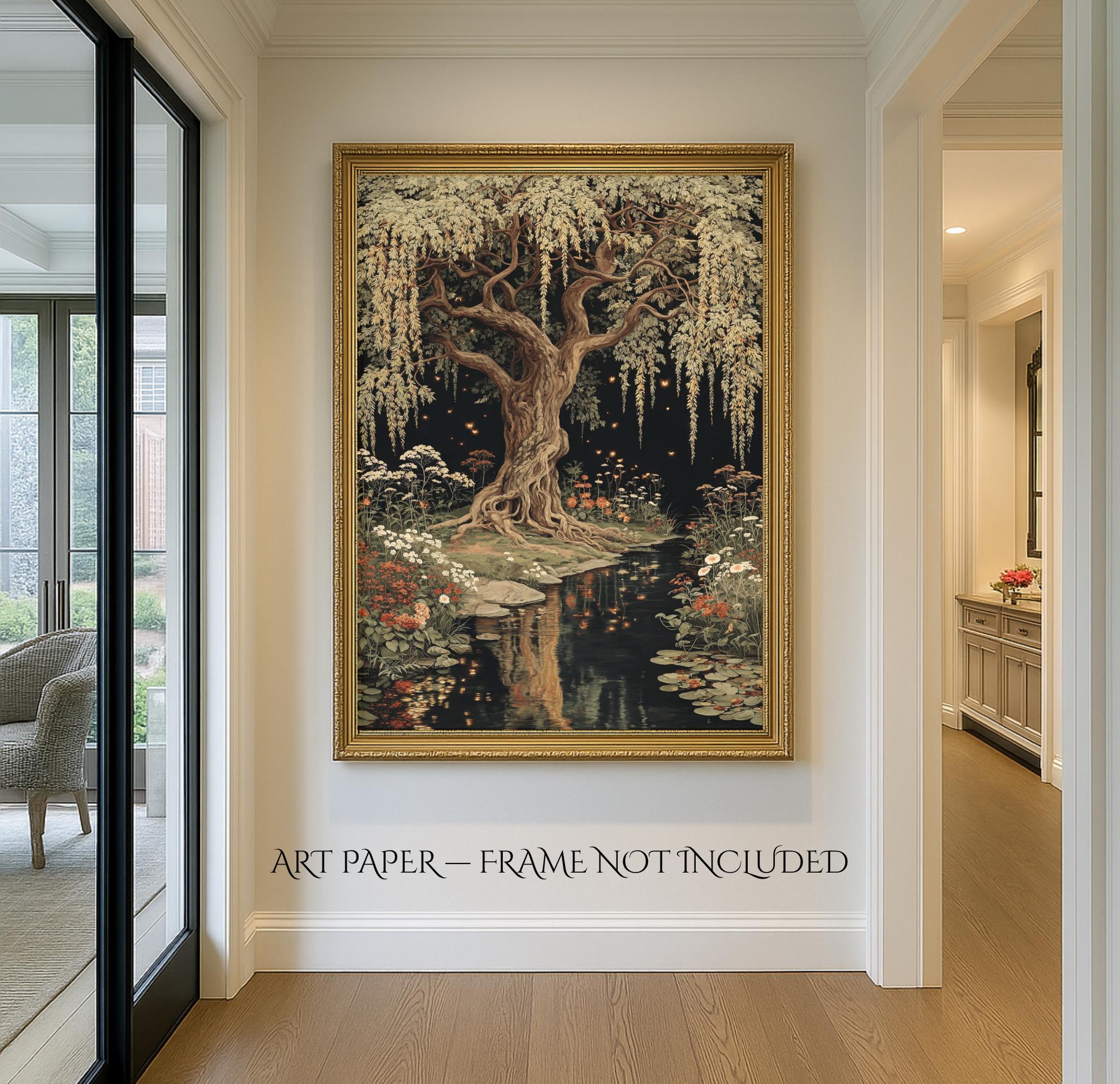 Moonlit Willow Tree Print, Dark Academia Romantic Forest Art, William Morris Inspired Nature Decor