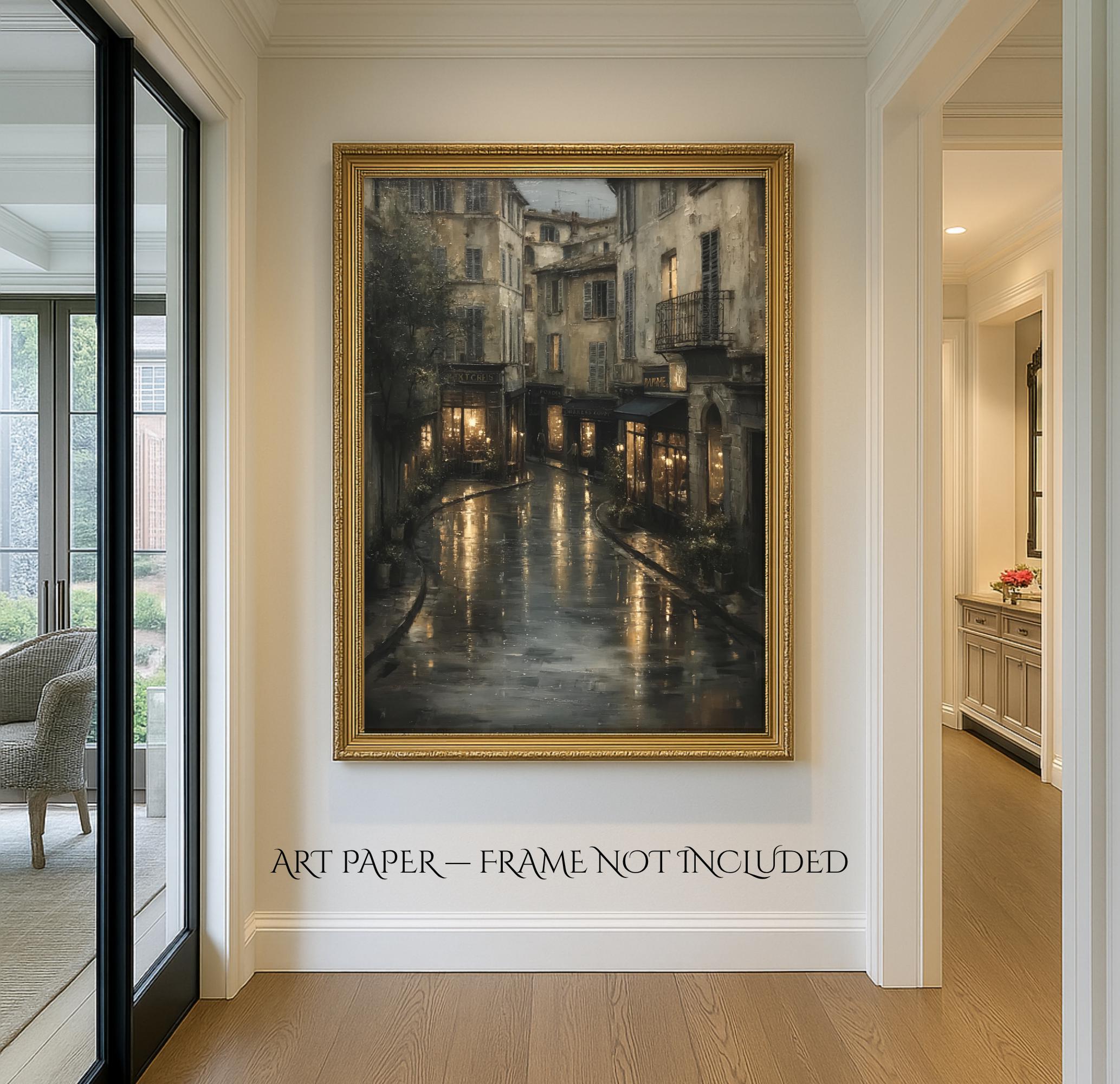 Rainy European Street Wall Art Print Moody City Night, Dark Academia Vintage Wall Decor Secondary image