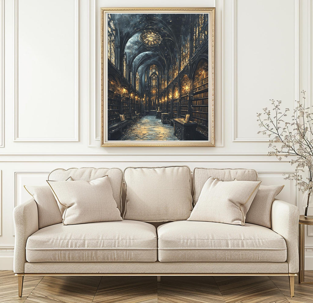 Gothic Cathedral Library Art Print, Christian Church Nave Architecture, Golden Lights