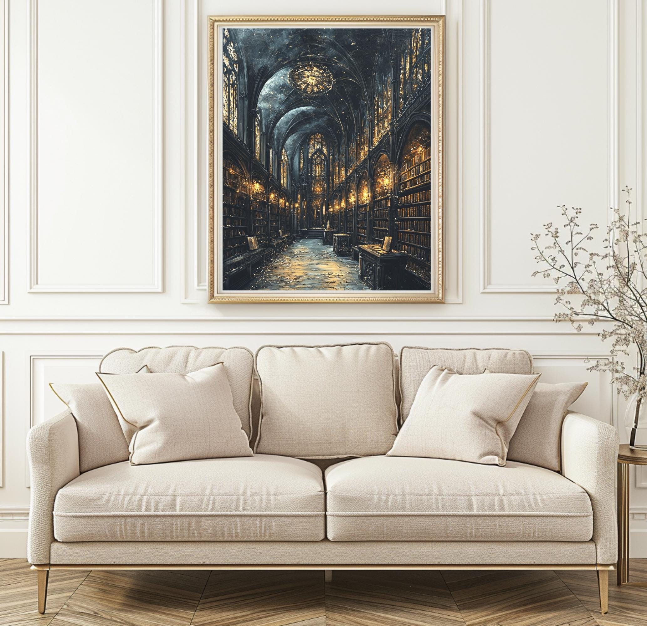 Gothic Cathedral Library Art Print, Christian Church Nave Architecture, Golden Lights