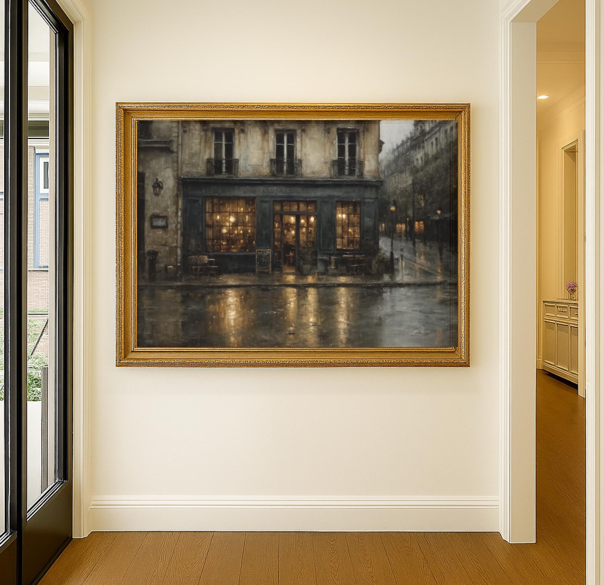 Vintage London Street Scene Horizontal Print European Victorian Storefront Painting Reflections on Sidewalk Secondary image