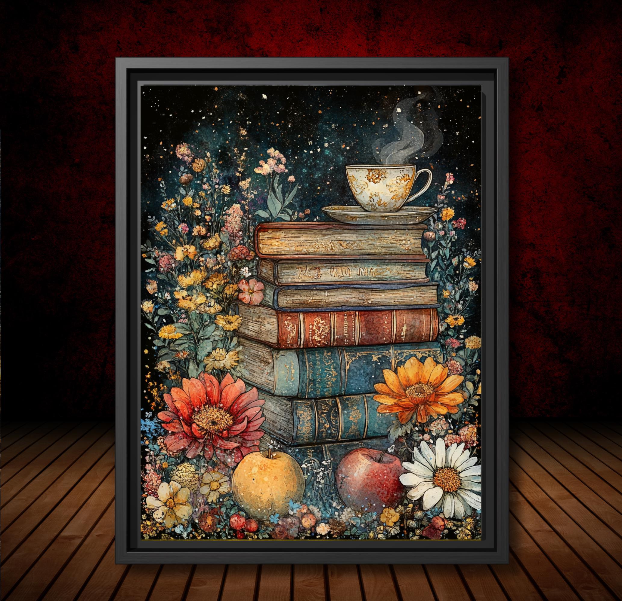 Floral Stack of Books with Coffee Still Life Print, Dark Academia Wall Art illustration
