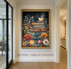 Floral Stack of Books with Coffee Still Life Print, Dark Academia Wall Art illustration