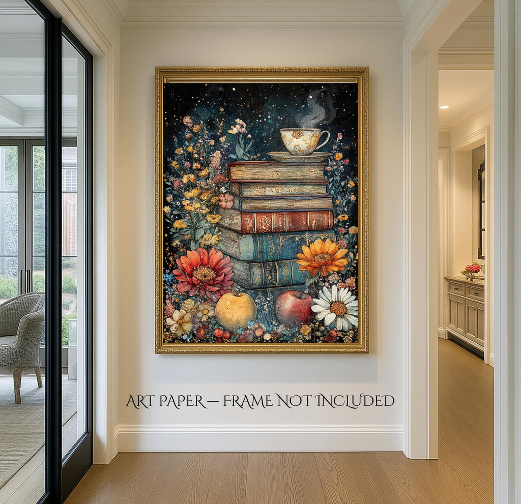 Floral Stack of Books with Coffee Still Life Print, Dark Academia Wall Art illustration