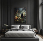 Vintage Black Cat Wall Art Print, Oil Painted Style Wildflowers Moonlit Night Painting