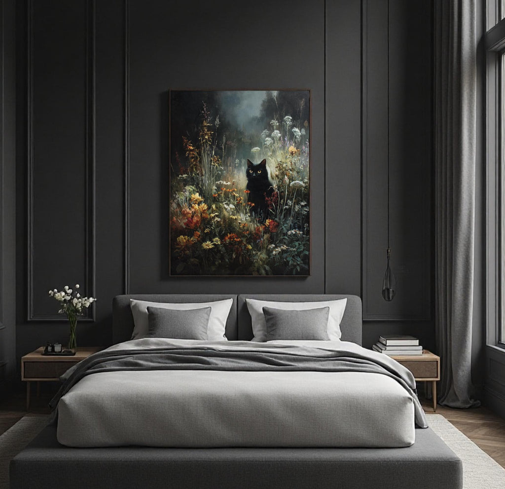 Vintage Black Cat Wall Art Print, Oil Painted Style Wildflowers Moonlit Night Painting
