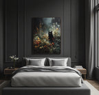 Vintage Black Cat Wall Art Print, Oil Painted Style Wildflowers Moonlit Night Painting