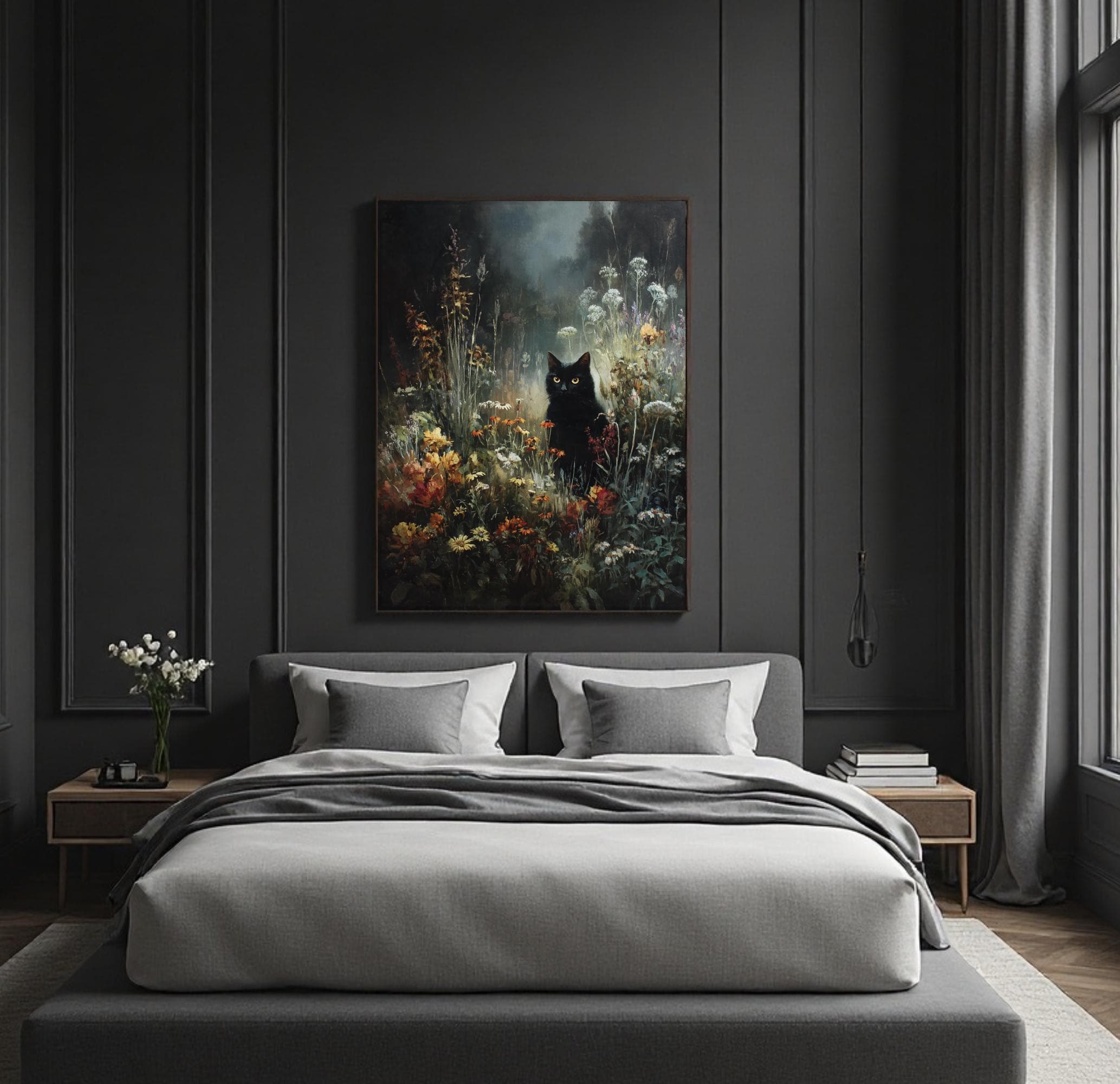 Vintage Black Cat Wall Art Print, Oil Painted Style Wildflowers Moonlit Night Painting