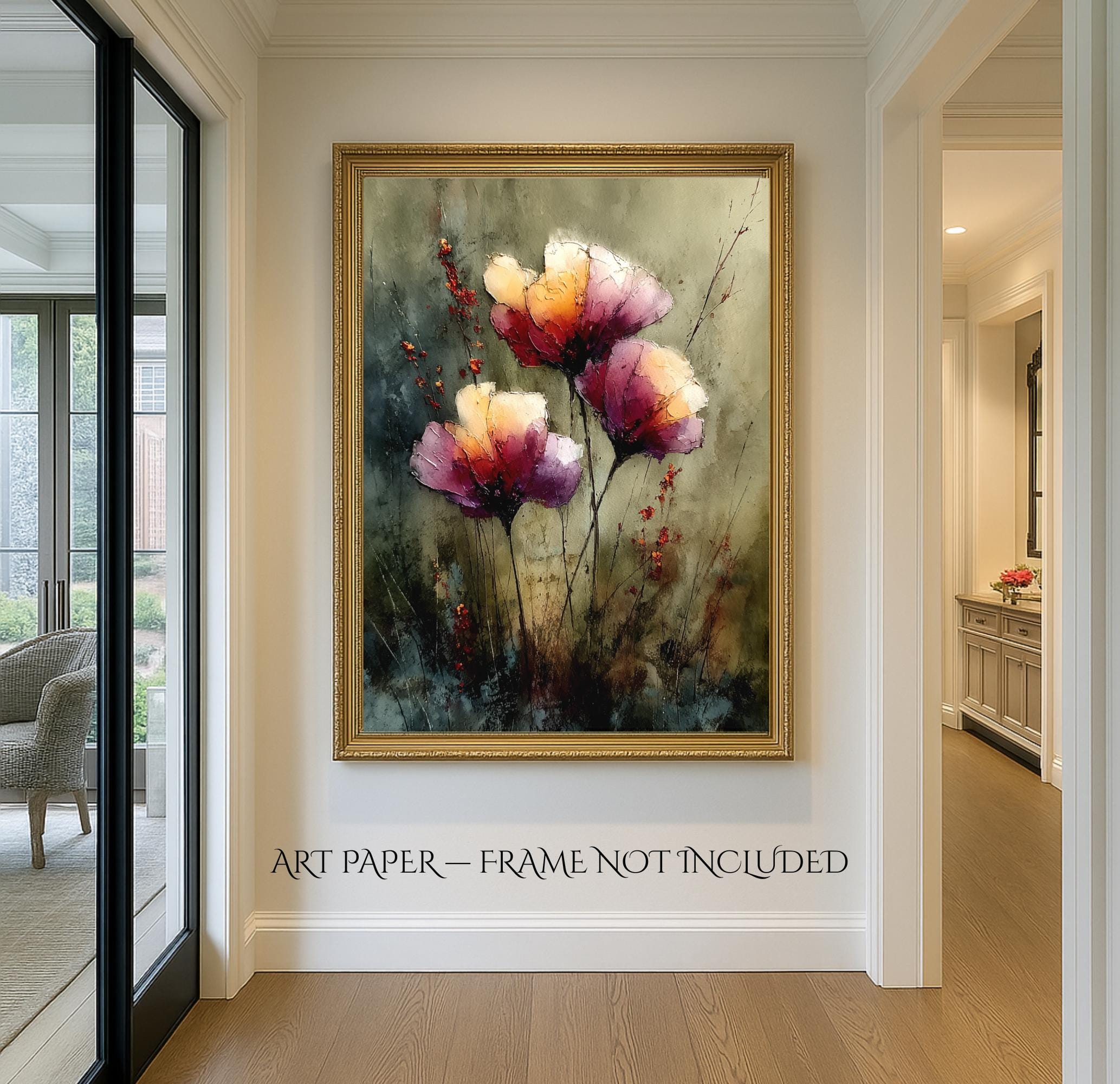 Watercolor Wildflower Art Print Dark and Moody Floral Wall Decor, Peach Plum Flower Painting Secondary image
