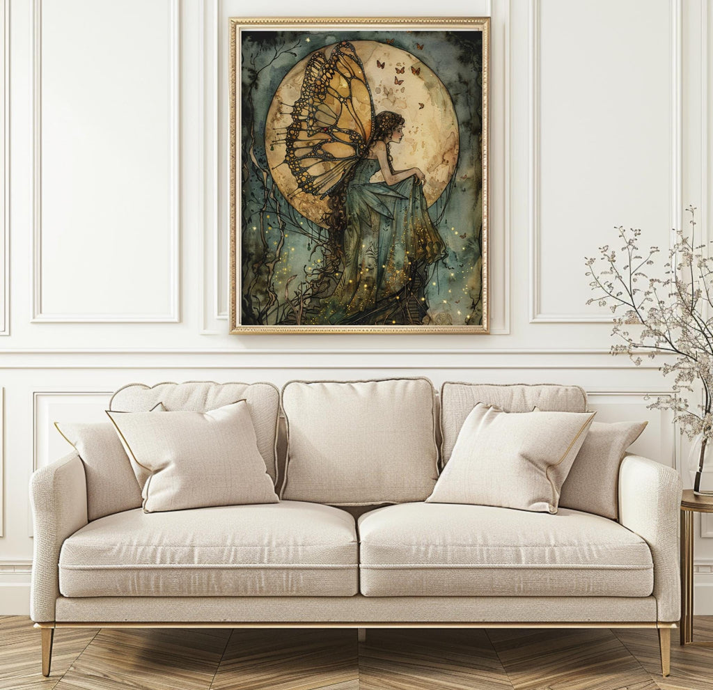 Green Dress Fairy Wall Art Moonlit Fantasy Print Gold Butterflies Dark Academia Fae Decor