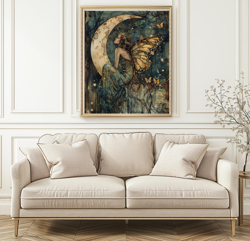 Butterfly Wing Fairy Moon Art Print, Whimsical Woodland Nursery Illustration Kids Decor